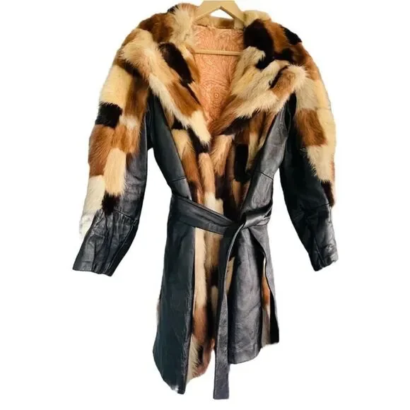 FUR COAT Genuine Y2K Vintage Rabbit Fur Leather Patchwork Long Belted Winter Coa